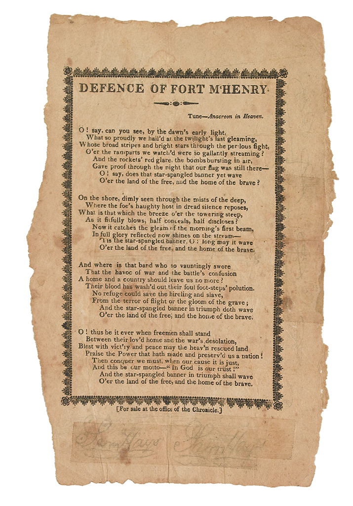 (WAR OF 1812.) [Key, Francis Scott.] Defence of Fort MHenry.